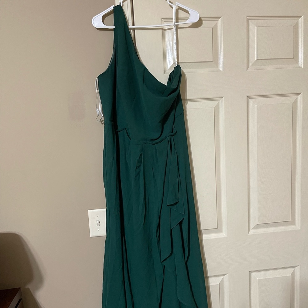 Off the shoulder dress. Color is juniper from David’s Bridal.